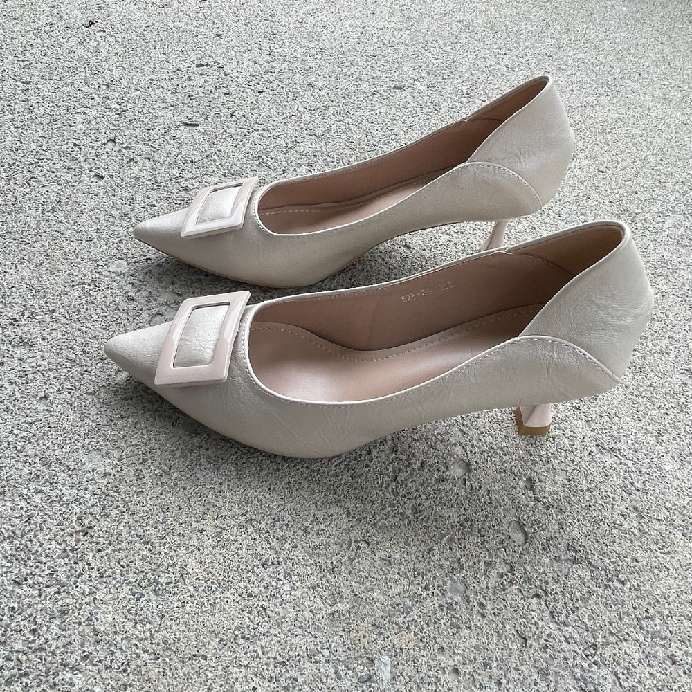Beige Square Buckle Pointy Toe Pump High Heels
